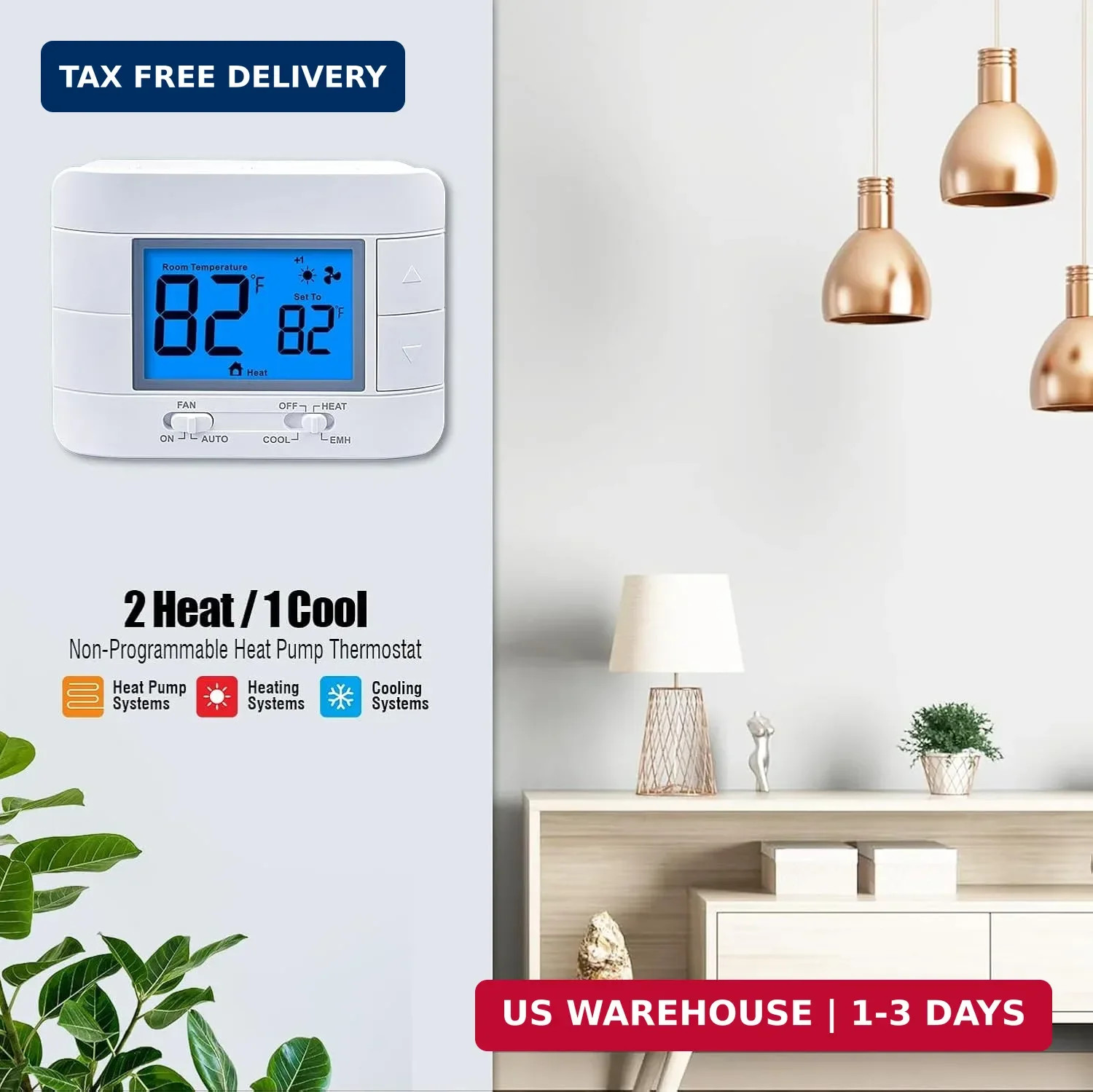 Thermostat Non Programmable Heat Pump Thermostat for House 2H/1C, with Large LCD