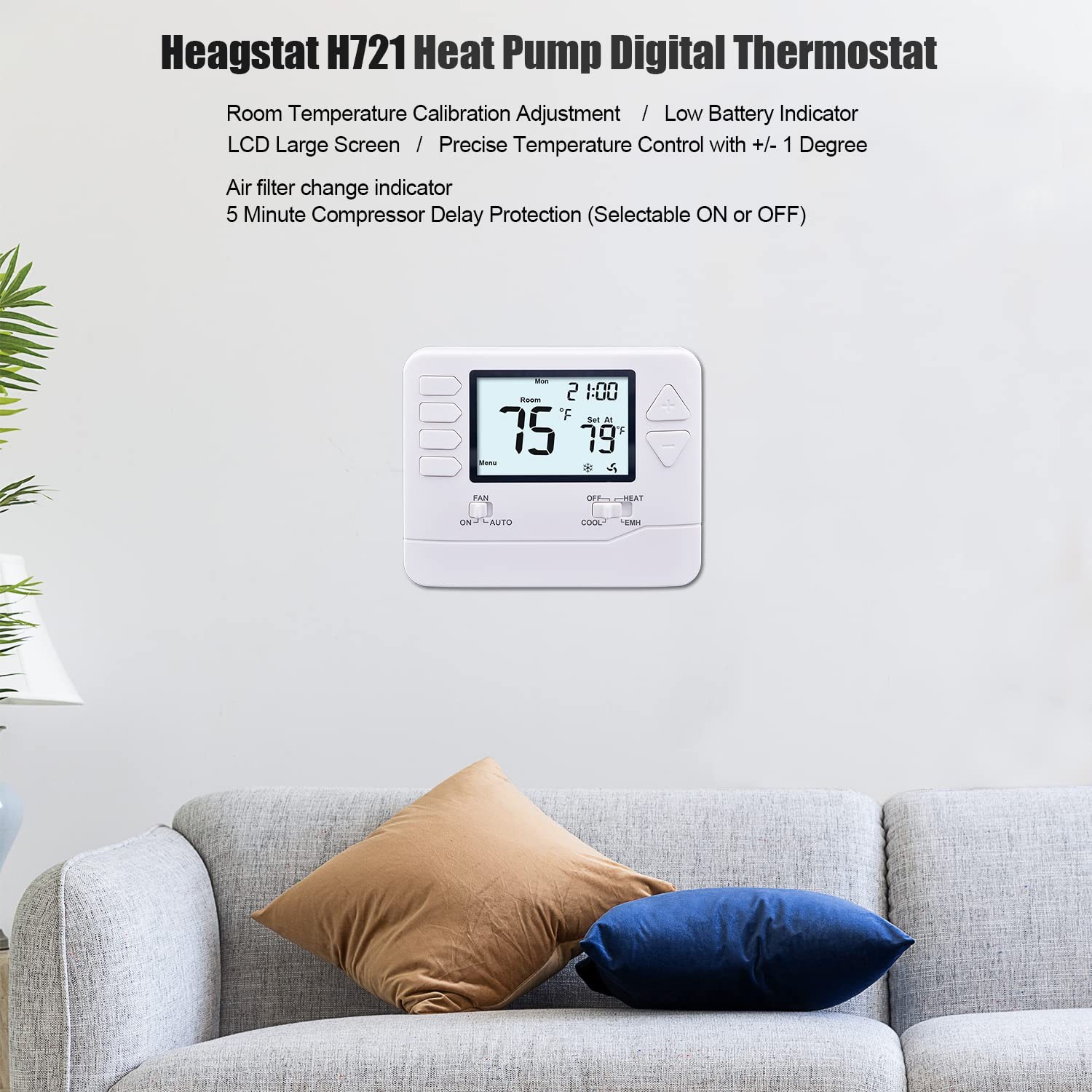 Heagstat H721 Non-Programmable Heat Pump Thermostat 2 Heat/1 Cool 4.5 Sq. Inch