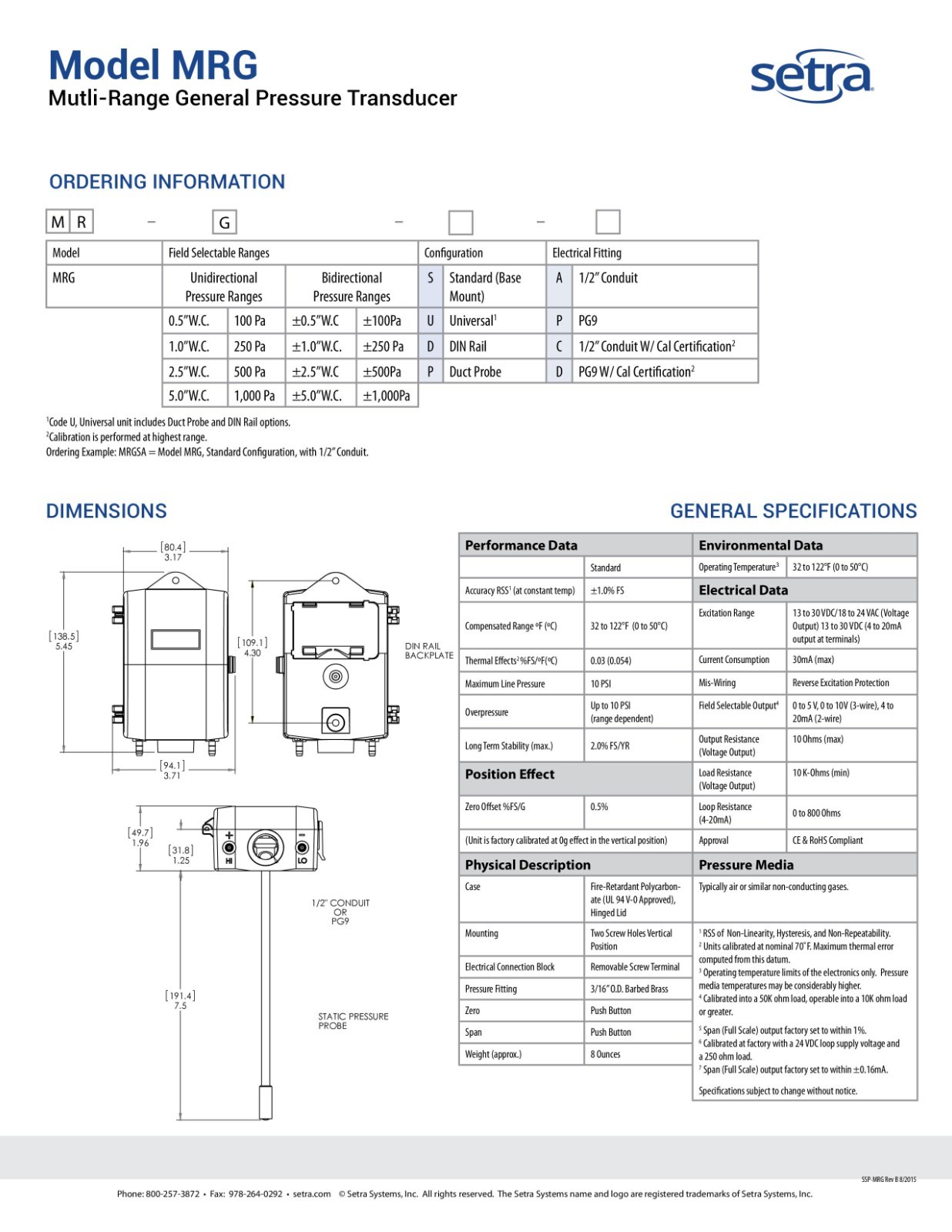 Setra MRGUA Multi-Range General Pressure Transducer