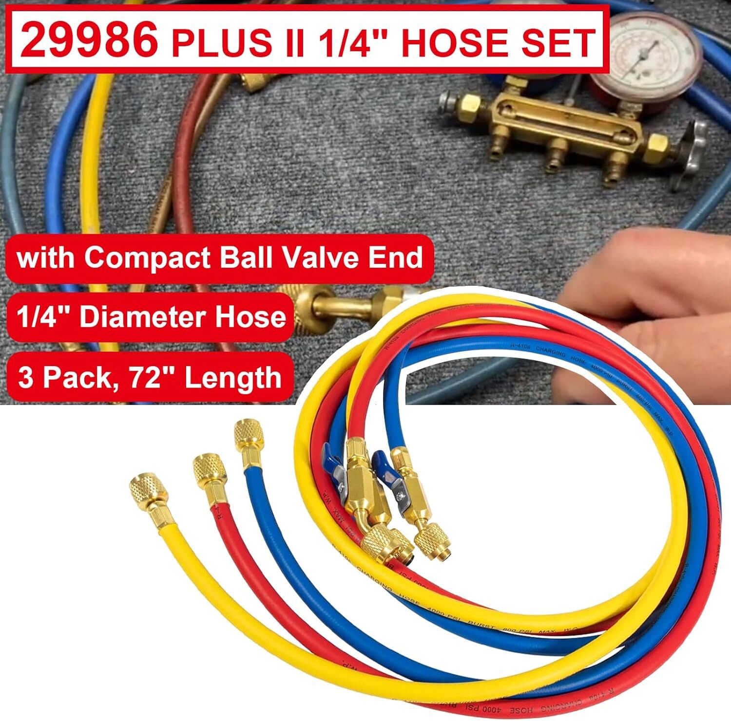 3Pack 29986 Plus II 1/4″ Red Blue Yellow Charging Hose Compact Ball Valve 72″