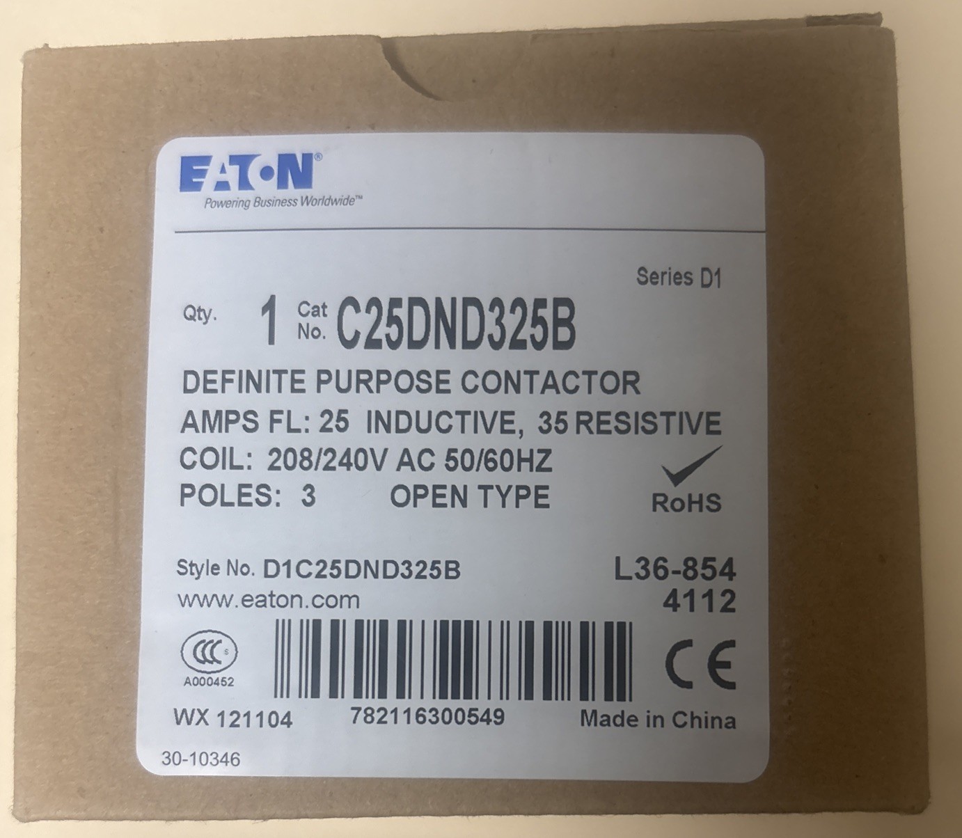 EATON C25DND325B Contactor – 25 Amp 3 Pole 208/240V Coil