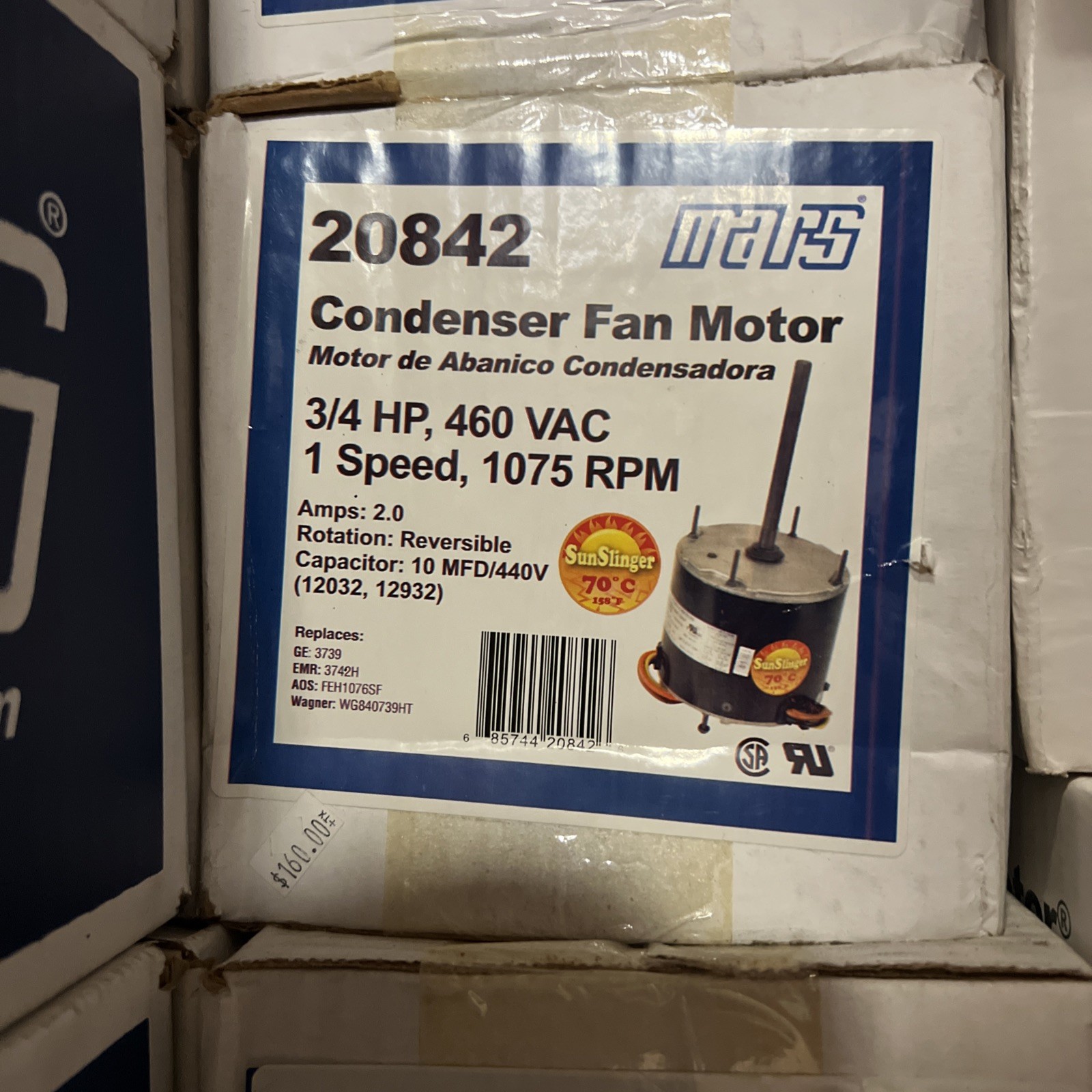Mars 20842 3/4 HP, 460V, 1075 RPM, CF MTR 1-phase condenser fan motor