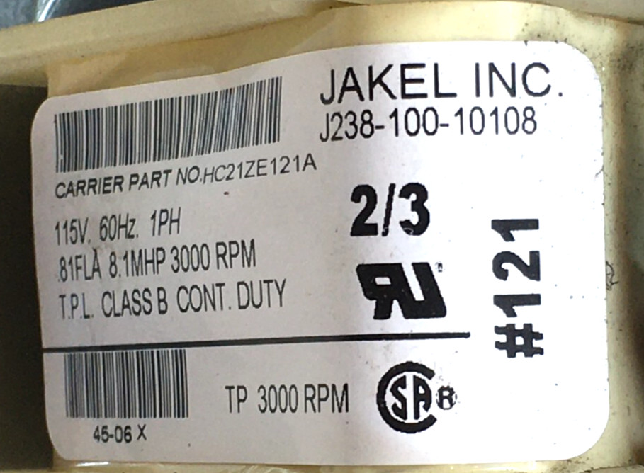 JAKEL J238-100-10108 Draft Inducer Blower Motor HC21ZE121A used refurb #RMA137A