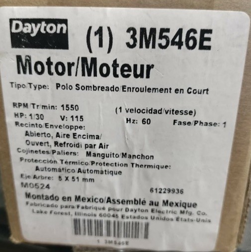 Dayton Blower Motor 3M546E RPM 1450, HP 1/30, V 115 HVAC New