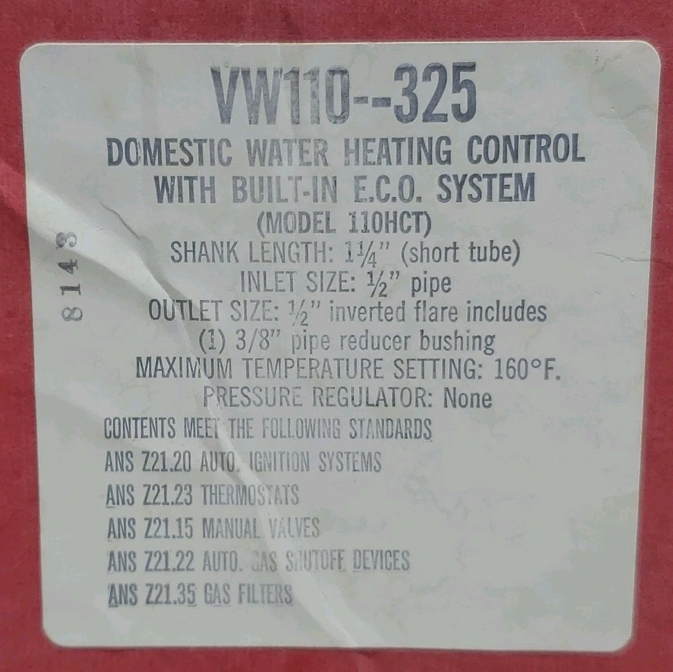 ROBERTSHAW WATER HEATER CONTROL W/ECO ~ VW110-325 ~ (Model 110HCT) NOB