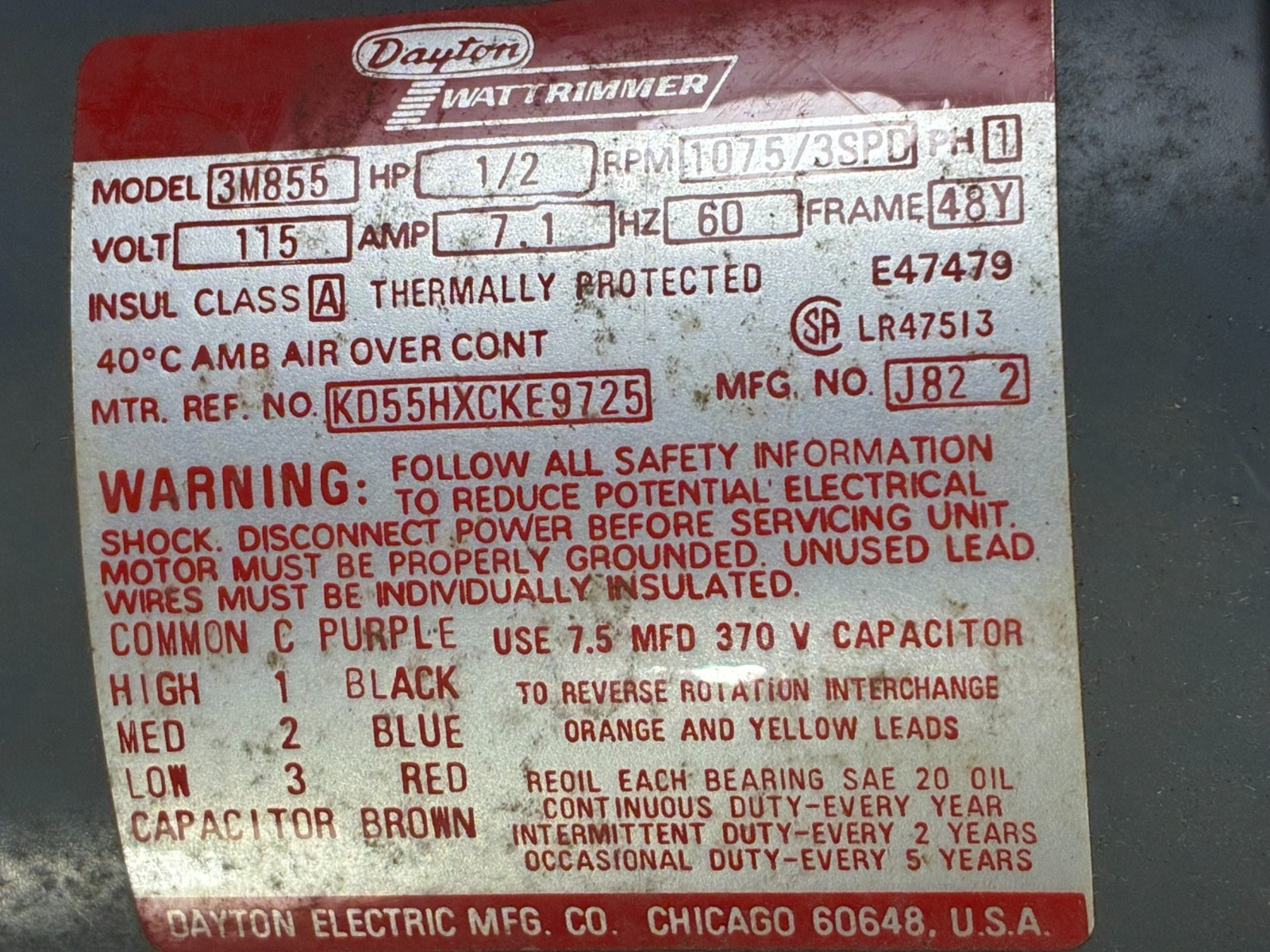 NEW OLD STOCK DAYTON HVAC 3M855 FURNACE AIR HANDLER BLOWER MOTOR 1/2 HP 3 SPEED