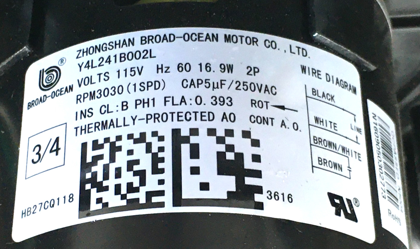 Zhongshan BroadOcean HB27CQ118 Draft Inducer Blower Motor Y4L241B002L used ML364