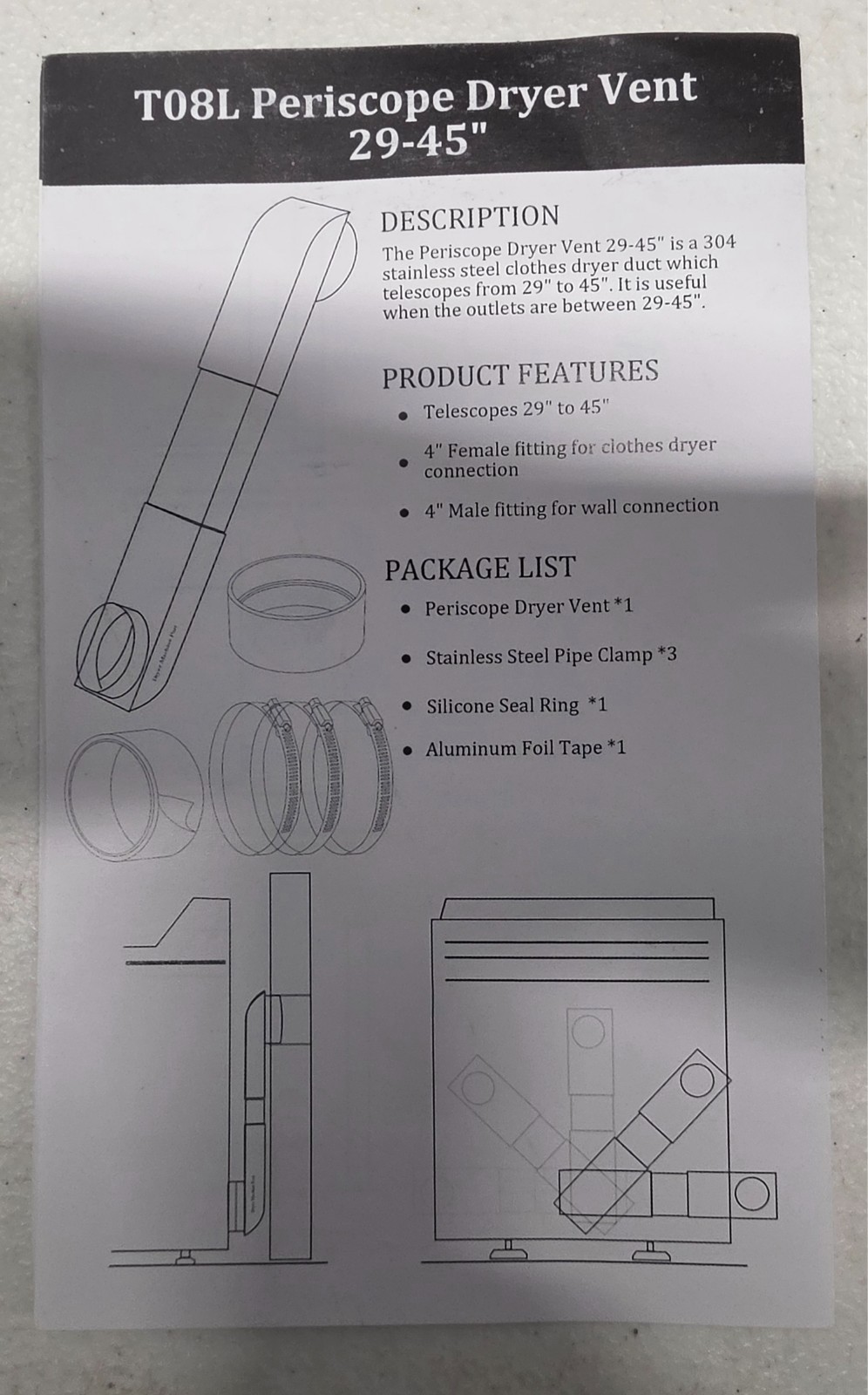 Periscope Dryer Vent Kit for Whirlpool, 29-45 Inch Stainless Steel Telescopin…
