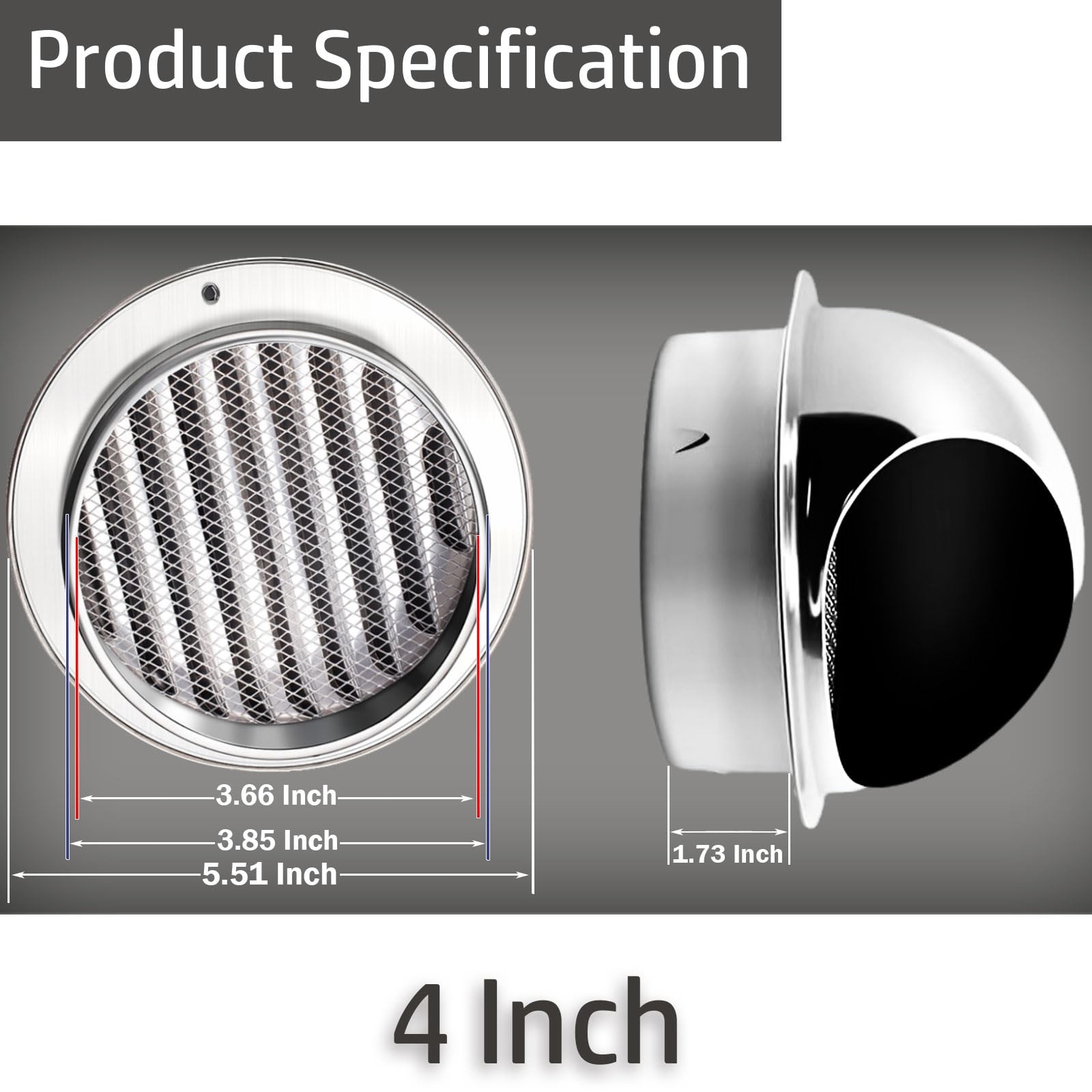 4 Inch Dryer Vent Cover Metal Stainless Steel Round Wall 4 inch, Silver