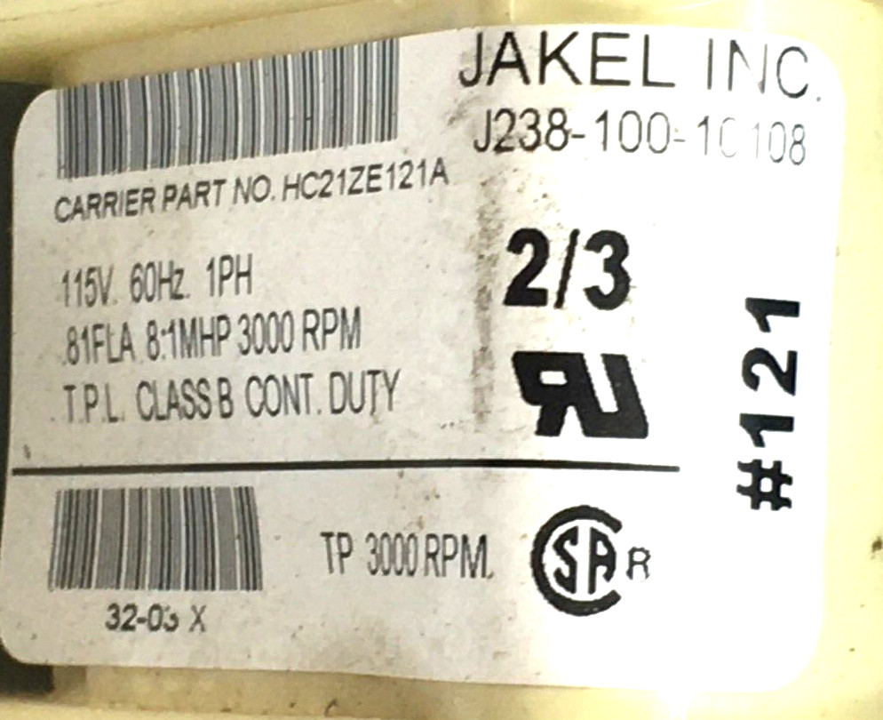 JAKEL J238-100-10108 Draft Inducer Blower Motor HC21ZE121A used refurb #RM77AB