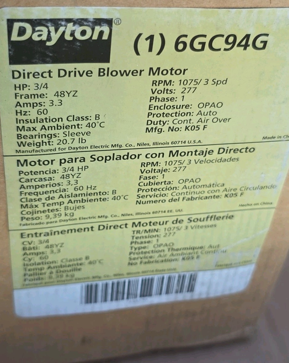 DAYTON 6GC94G Direct Drive Blower Motor 277v 3/4hp