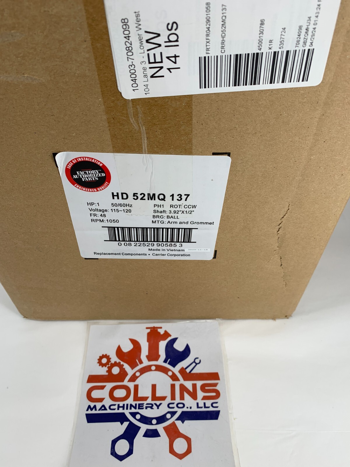 Carrier HD52MQ137 1HP ECM Furnace Blower Motor 1PH 115-120V 1050RPM