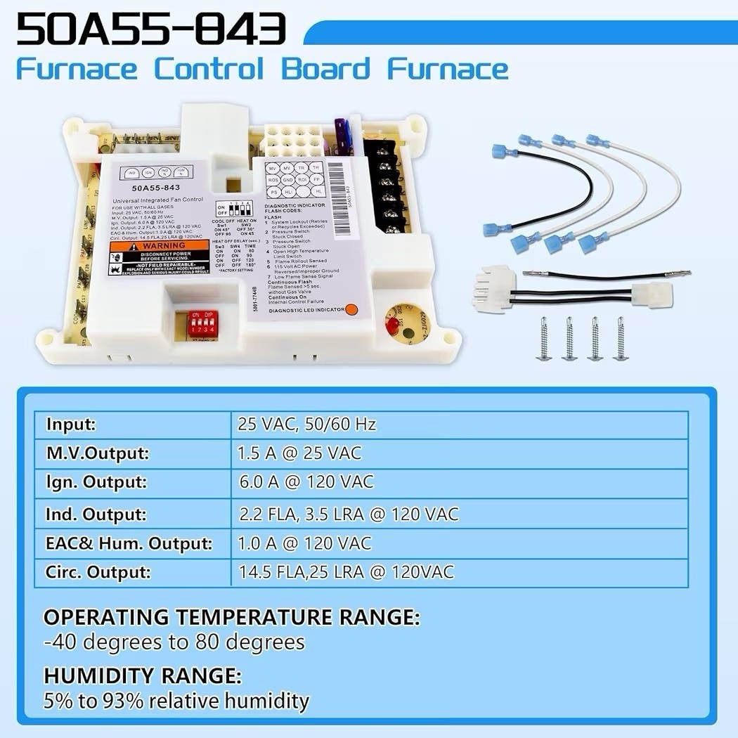 50A55-843 Furnace Control Board Integrated Fan Control 25VAC Harness Screws