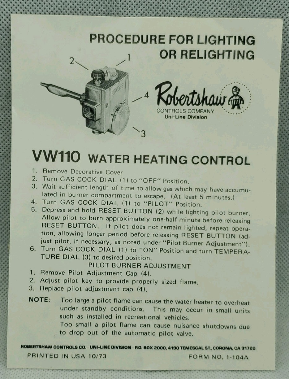 ROBERTSHAW WATER HEATER CONTROL W/ECO ~ VW110-325 ~ (Model 110HCT) NOB