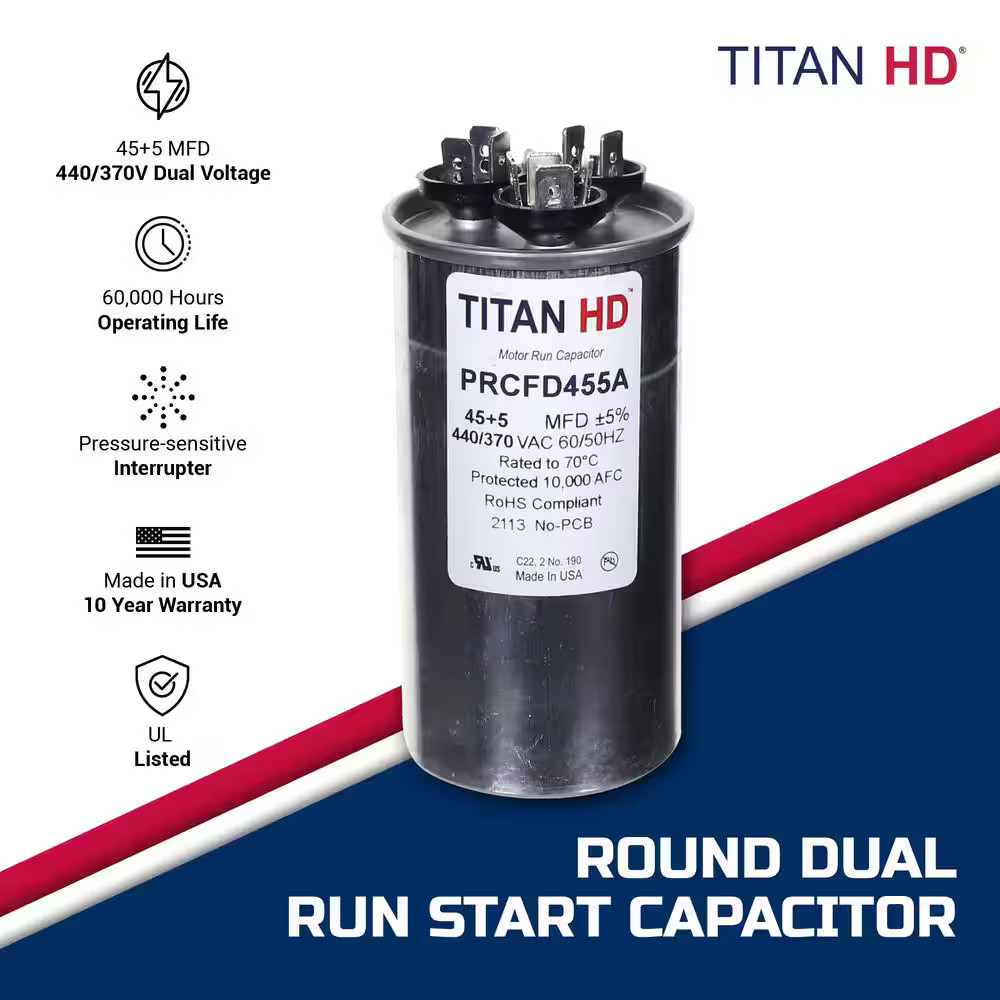 TITAN HD PRCFD455A 45 Plus 5 MFD 440-370V Round Run Capacitor