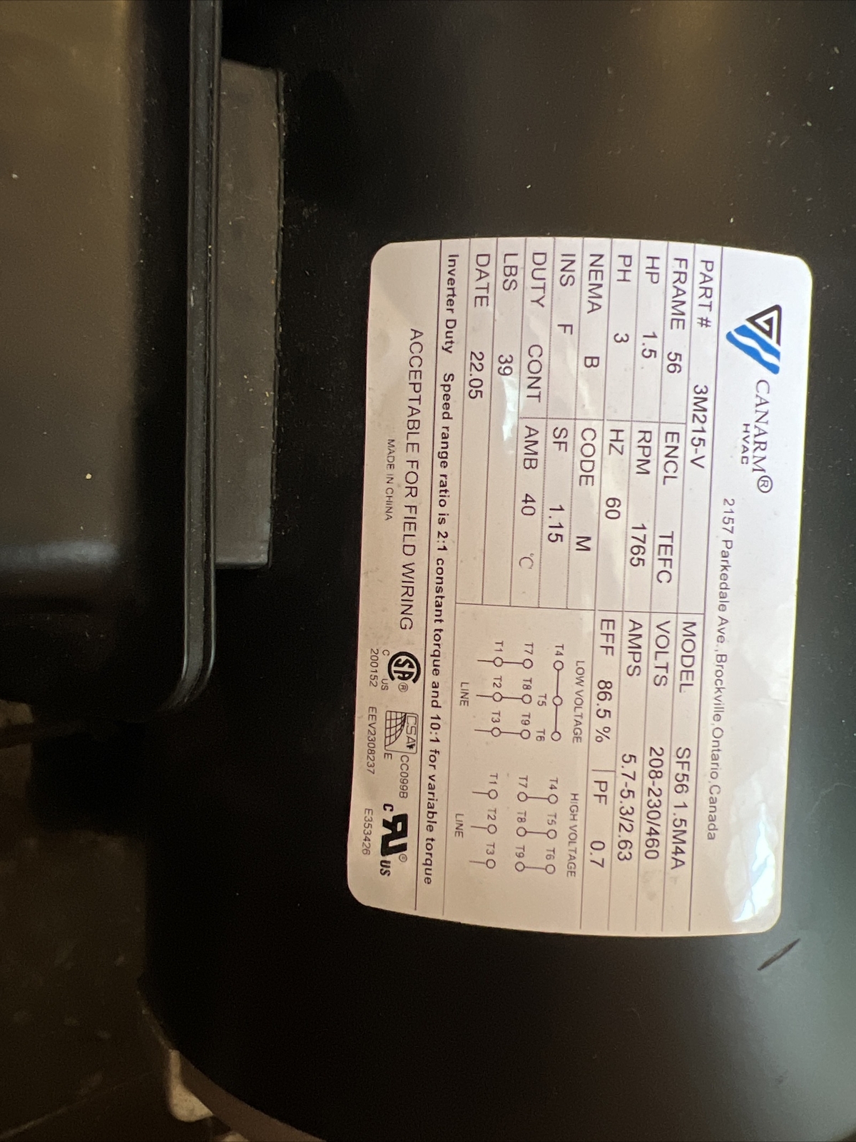 Canarm 3M215-V 1.5hp 1765 rpm motor