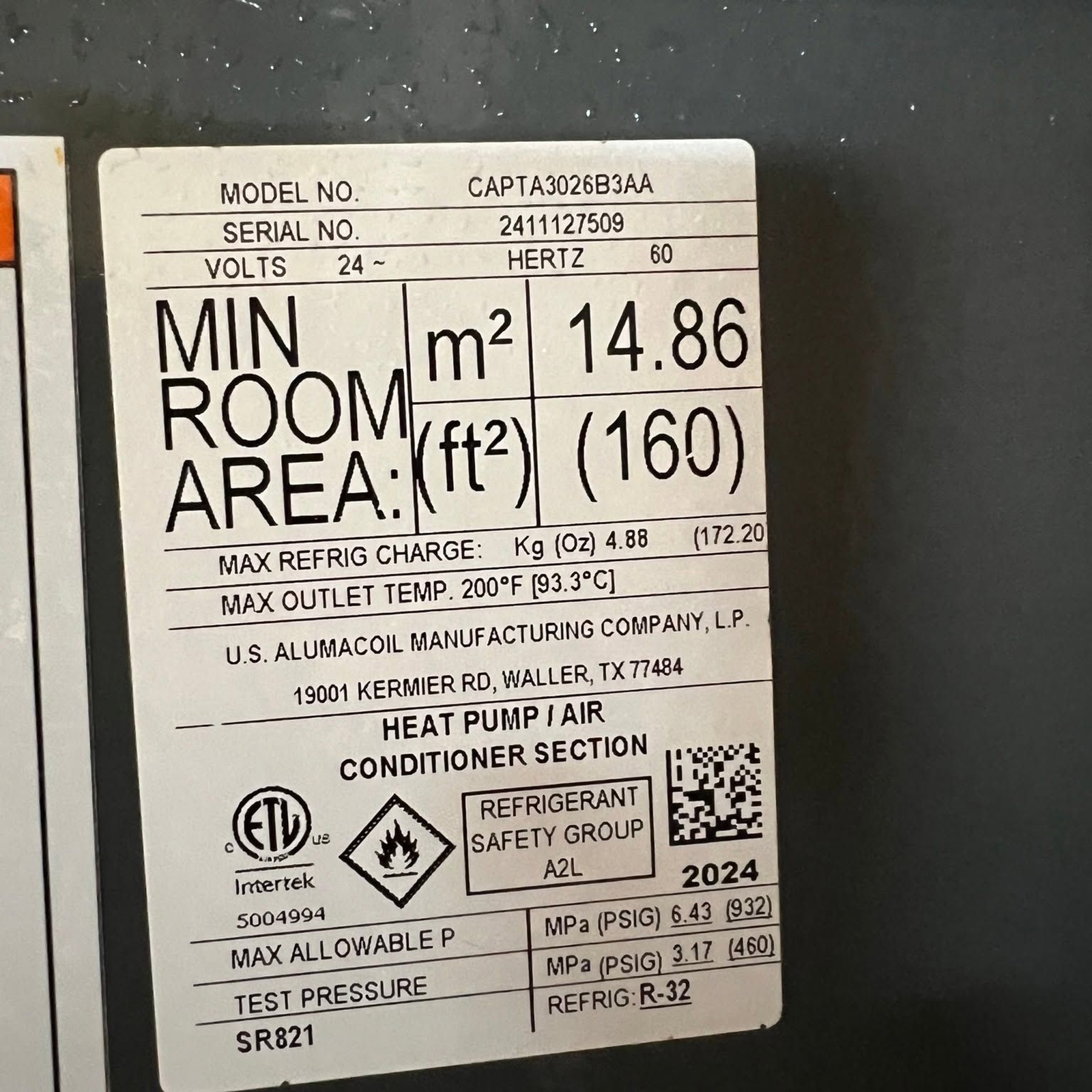 NEW HVAC Unit Coil CAPTA3026B3AA 2.5 ton down/up flow R32 Refrigerant sealed