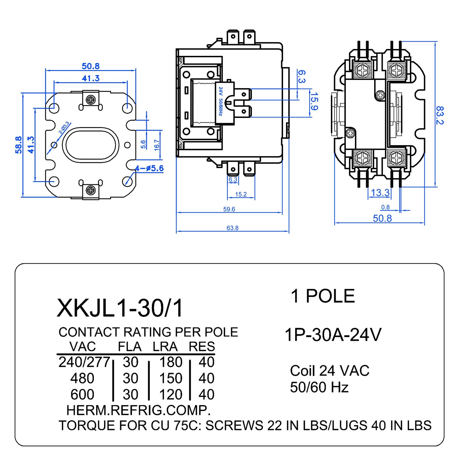Dreyoo 24V Coil 1 Pole Air Conditioner Contactor, UL Certified 1P 30A