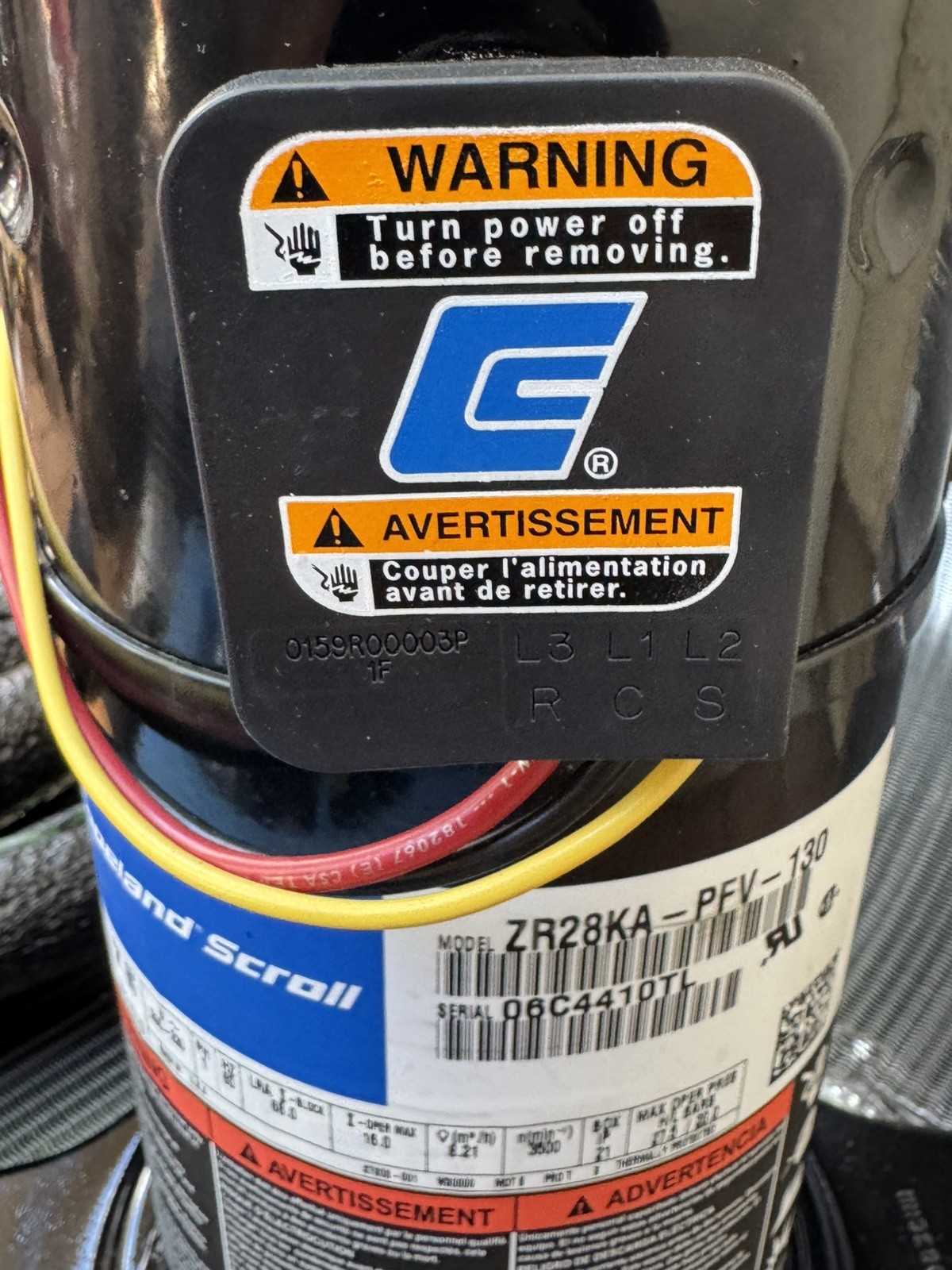 Copeland Scroll Compressor Model ZR28KA-PFV-130 208-230V 1PH R-22 NEW OLD STOCK