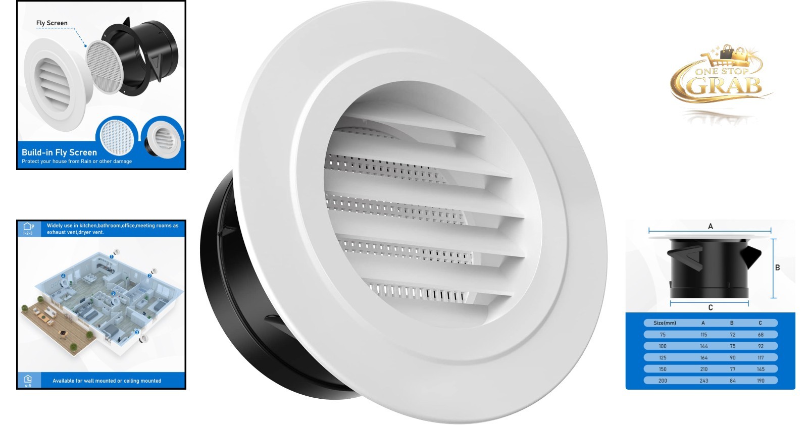 White 4 Inch Round Soffit Vent Cover with Fly Screen for Bathroom Kitchen Office