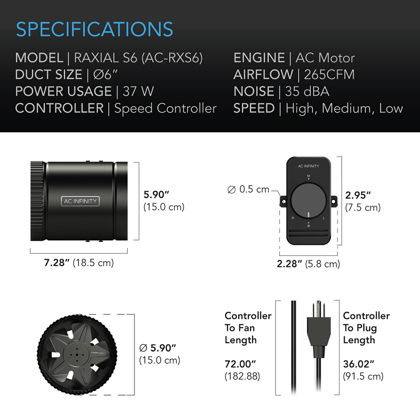 RAXIAL S6, Booster Fan Duct 6” with Speed Controller for Basements and Bathrooms