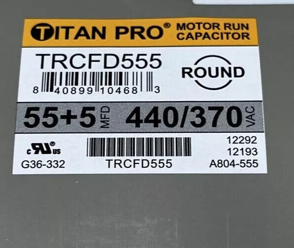 TitanPro TRCFD555 HVAC Round Motor Run Capacitor 55+5 MFD, 440/370Vac