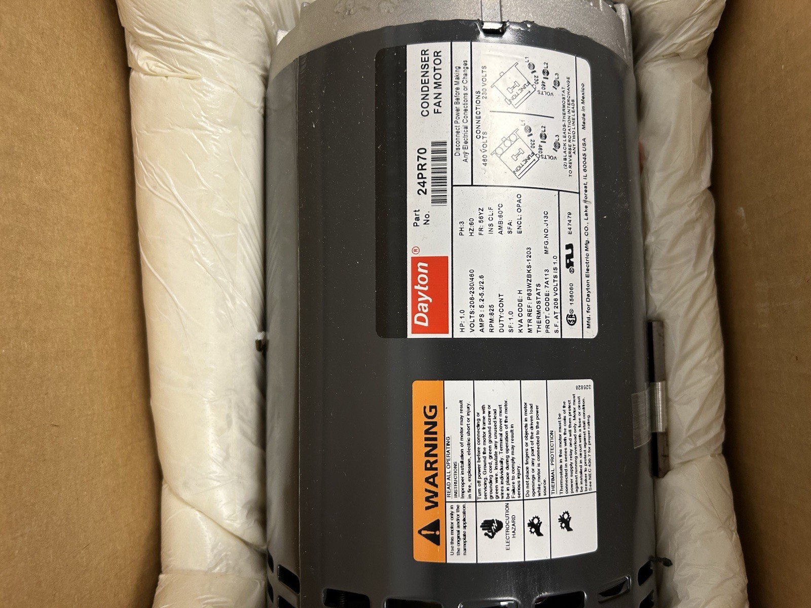 Dayton 24PR70 Condenser Fan Motor 1 HP 3-Phase 208-230/460V 825 RPM
