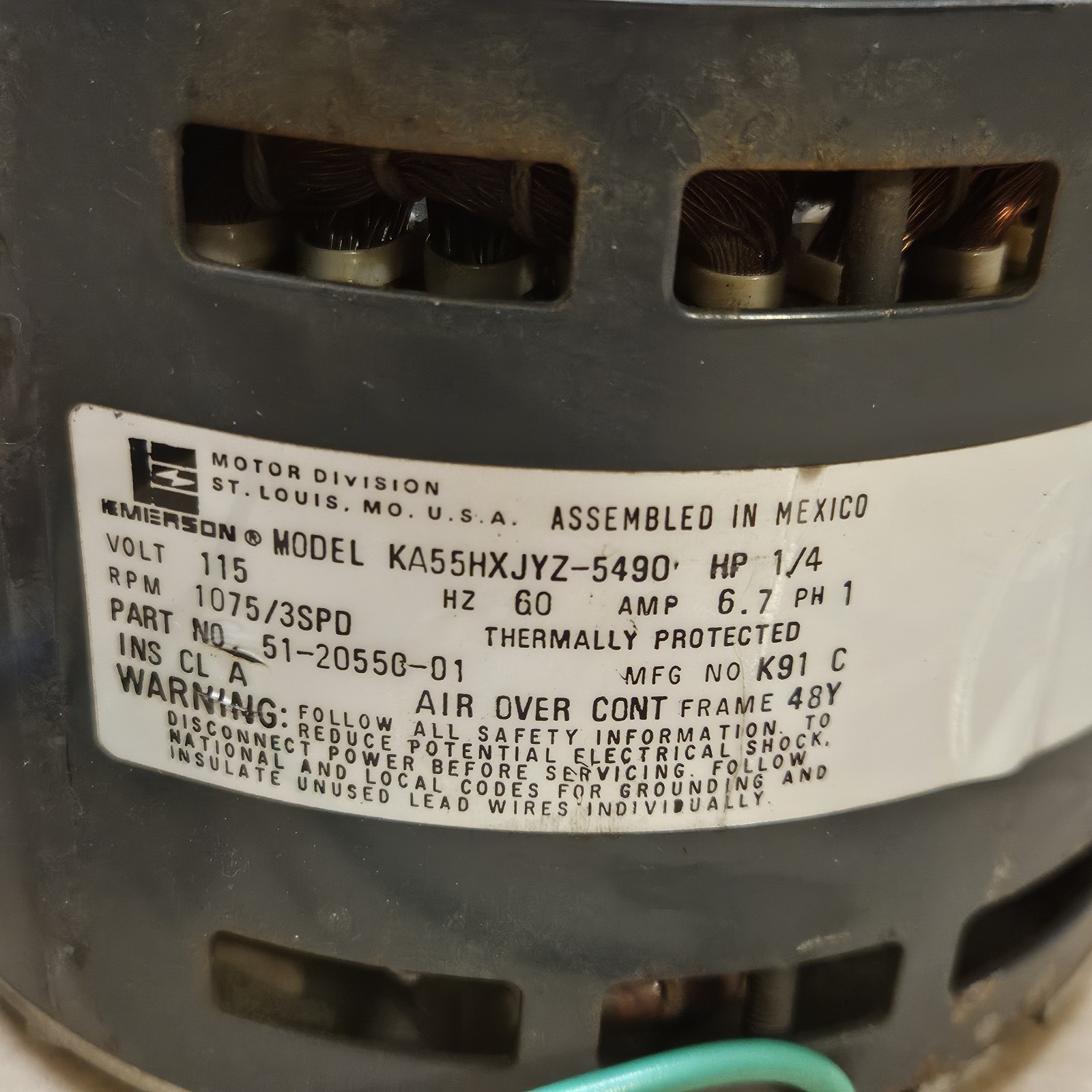 EMERSON KA55HXJYZ-5490 Blower Motor 1/4HP 1075RPM/3SPD 51-20550-01