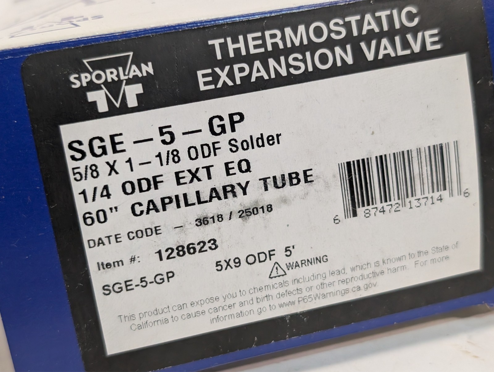 Sporlan SGE-5-GP TXV 5/8 x 1-1/8 ODF, 1/4 ODF ext eq, 60in cap tube as shown