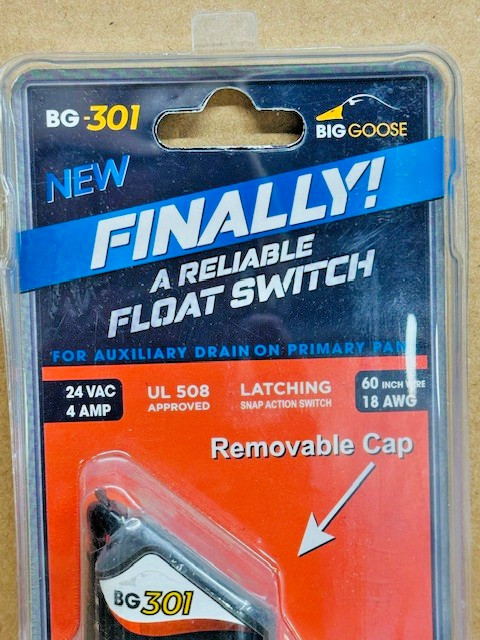 Big Goose Float Switch for Auxiliary Drain on Primary Pans BG-301 New