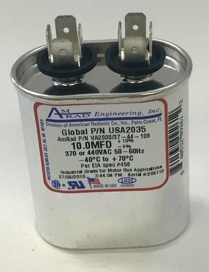 AmRad USA2035 Run Capacitor 10.0 uf MFD 370 / 440 Volt Made in USA