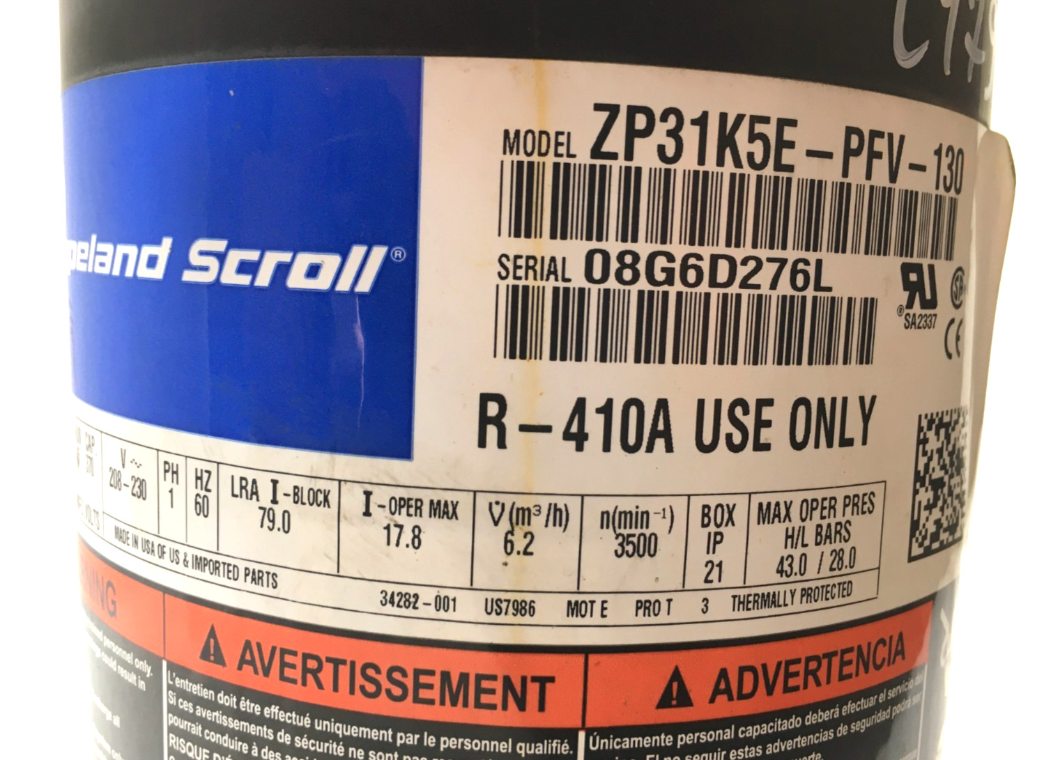 Copeland 2.5 Ton Scroll Compressor ZP31K5E-PFV-130 R410A 208/230V 1 PH used C179
