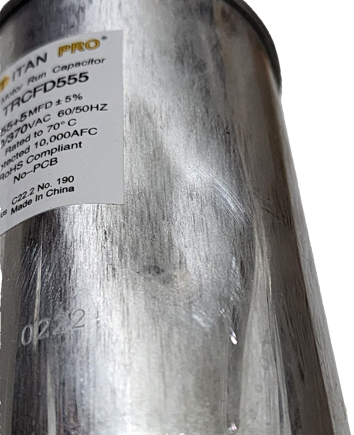TitanPro TRCFD555 HVAC Round Motor Run Capacitor 55+5 MFD, 440/370Vac