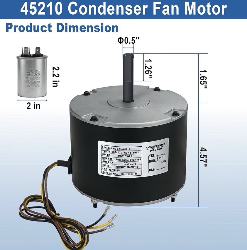 45210 Condenser Fan Motor, 1/5 HP 825 RPM 208-230V AC Condenser Fan Motor