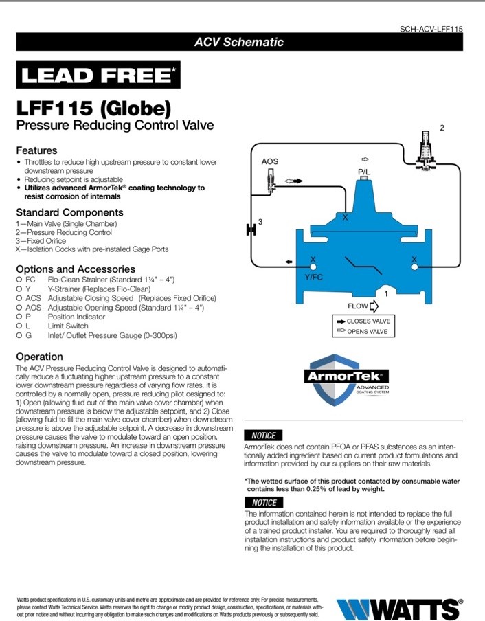 Watts LFF115 (Globe)Pressure Reducing Control Valve