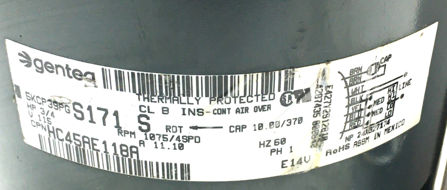 Genteq 5KCP39PGS171S Furnace Blower Motor 1075RPM 4SPD 3/4HP HC45AE118A #CMC728