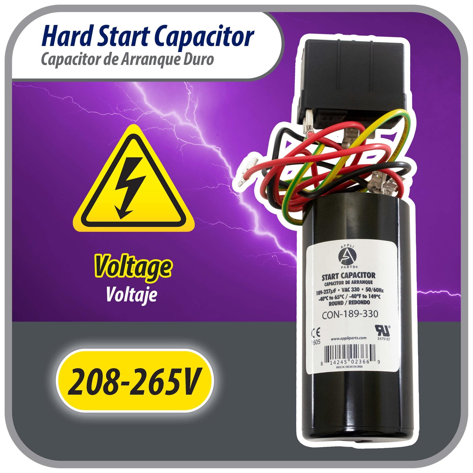 Appli Parts Hard Start kit for air conditioner includes Capacitor 189-227MFD 330