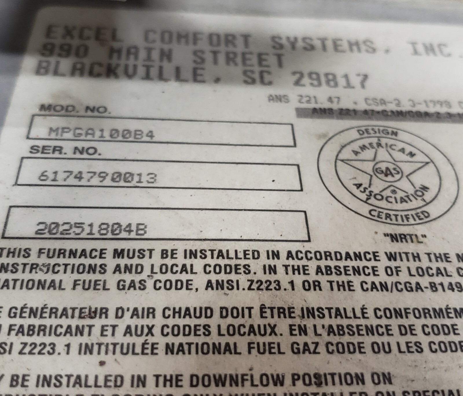 MPGA100B4 F48H10A81 20022601 OEM blower motor of Excel Comfort Systems Furnace