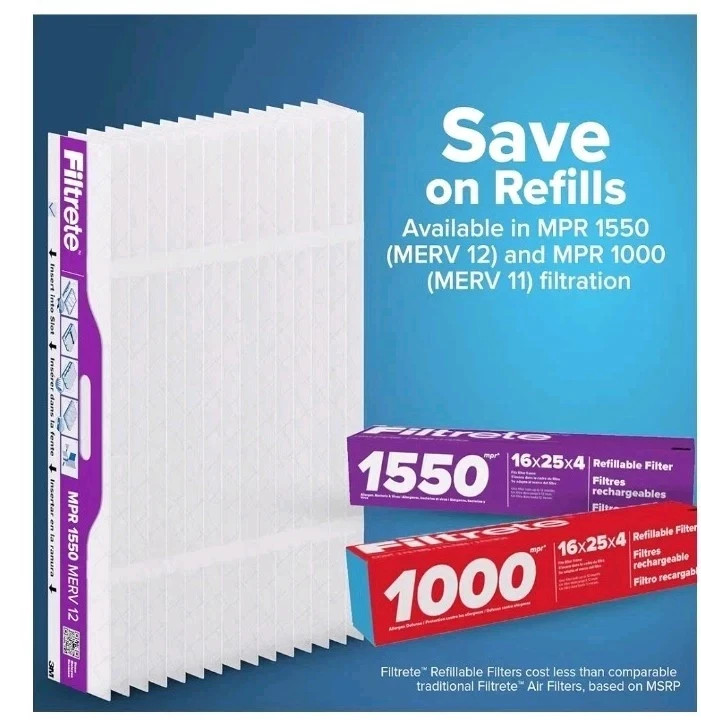 Filtrete 16x25x4 Refillable Air Filter replacement, MPR 1550, MERV