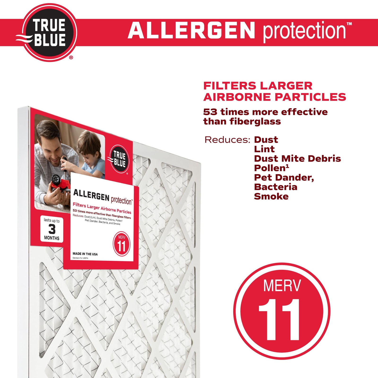 True Blue 16x25x1 MERV 11 Allergen Air Filter (4-Pack) 16″ x 25″ x 1″, White