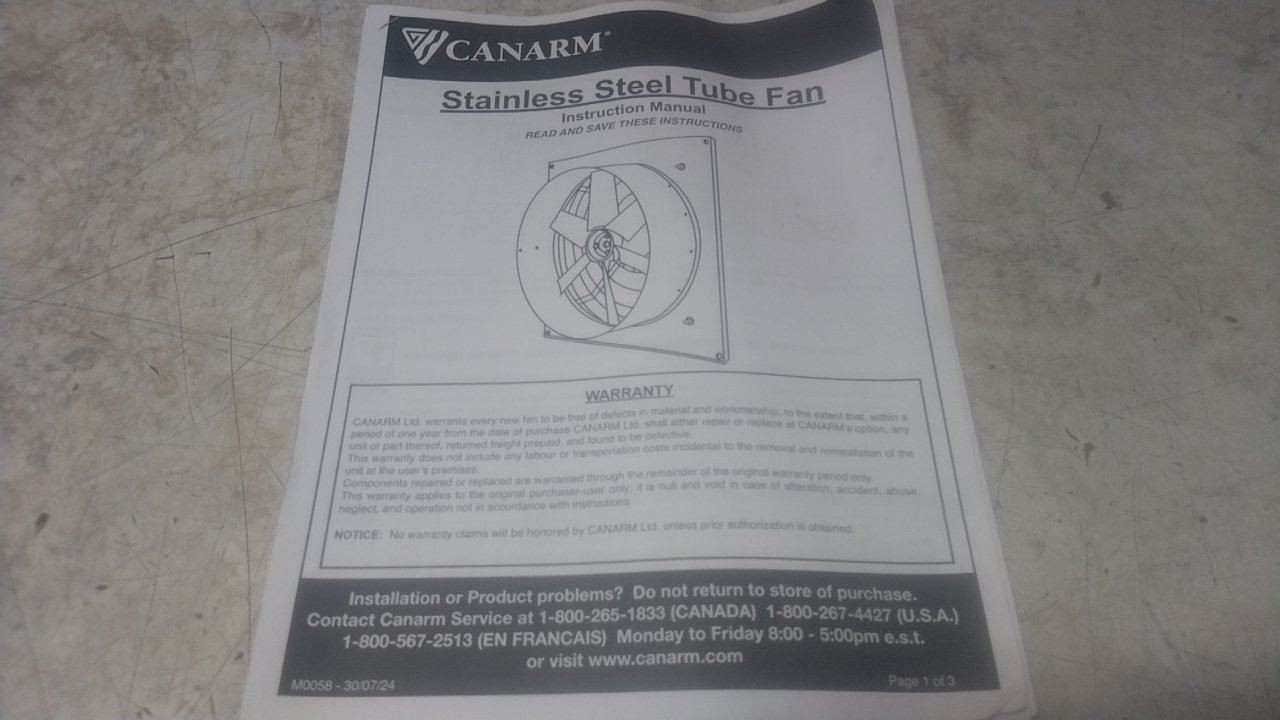 Canarm TF12 1/4 HP 115VAC 12 In Blade Diameter Exhaust Fan