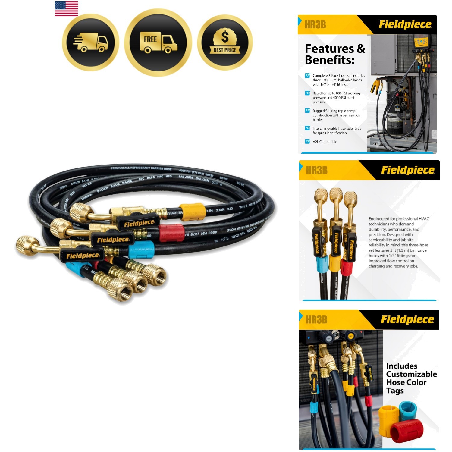 HR3B – ¼” Ball Valve Hose Set – 5 ft Refrigerant Charging & Recovery Hoses – …