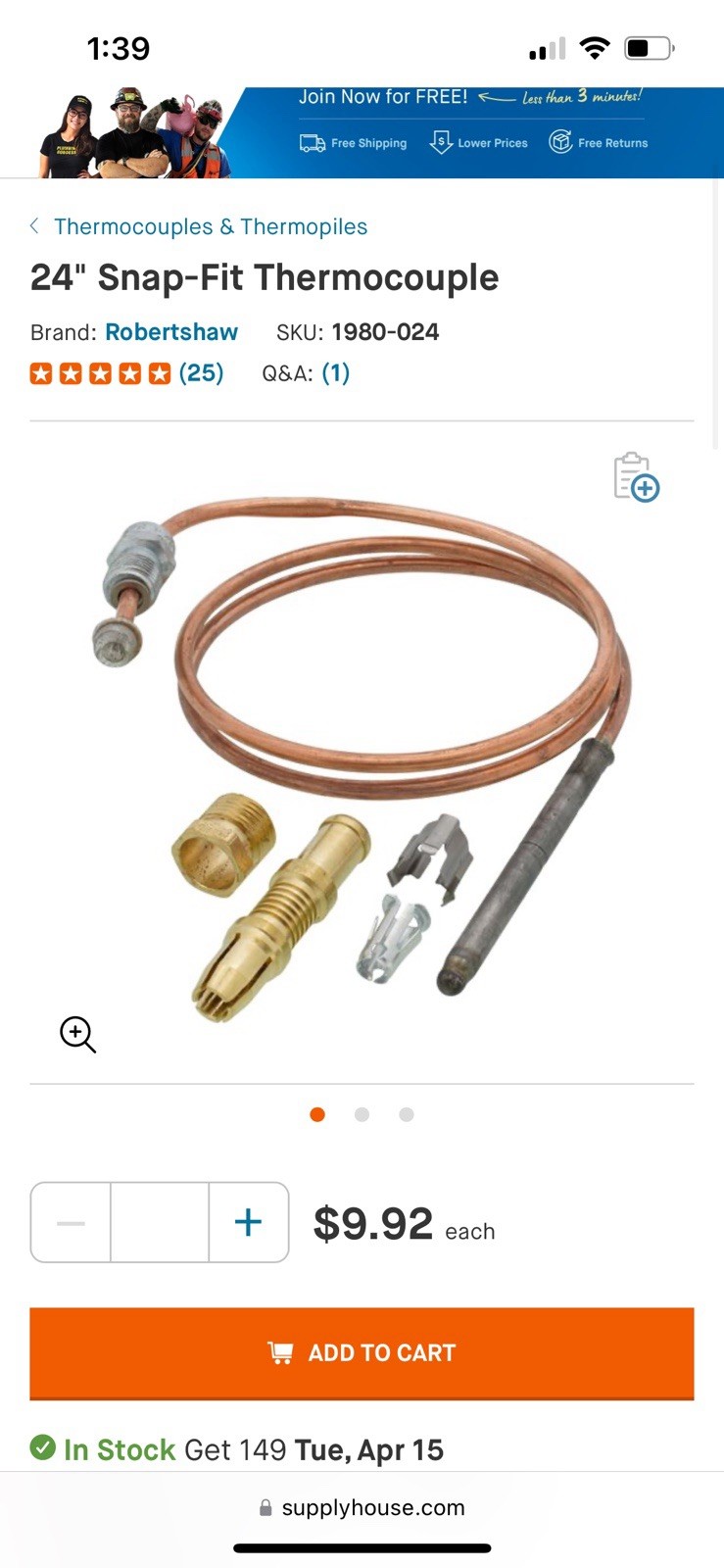 ROBERTSHAW 1980-024 Thermocouple, 24 in Cable, 25 to 30mV 12Z426