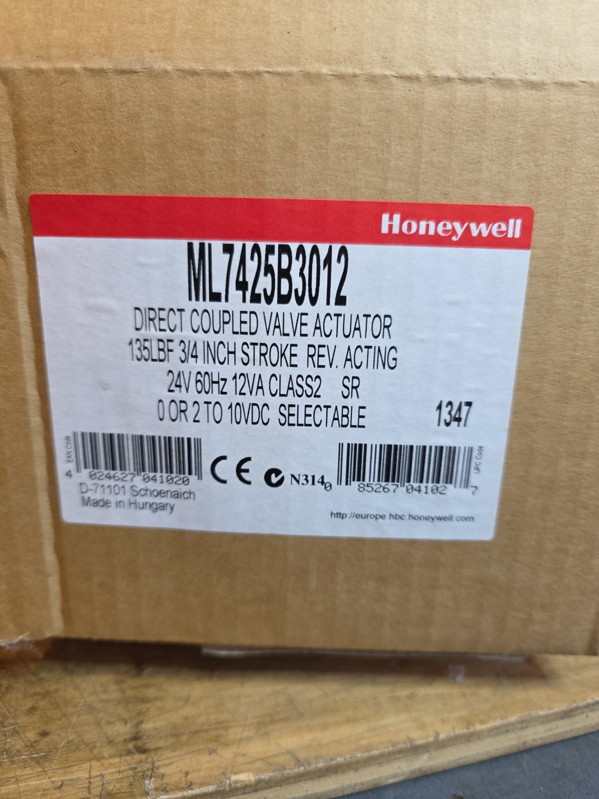 Honeywell ML7425B3012 Direct Coupled Valve Actuator 3/4 Stroke 24 Vac 135lbf
