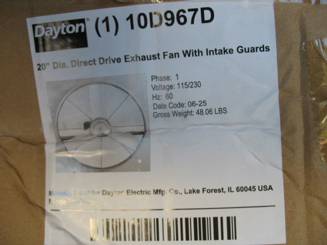 Dayton Exhaust Fan, Direct Drive 20″ blade, Alum, 115/230V 10D967 10D967D -NEW-
