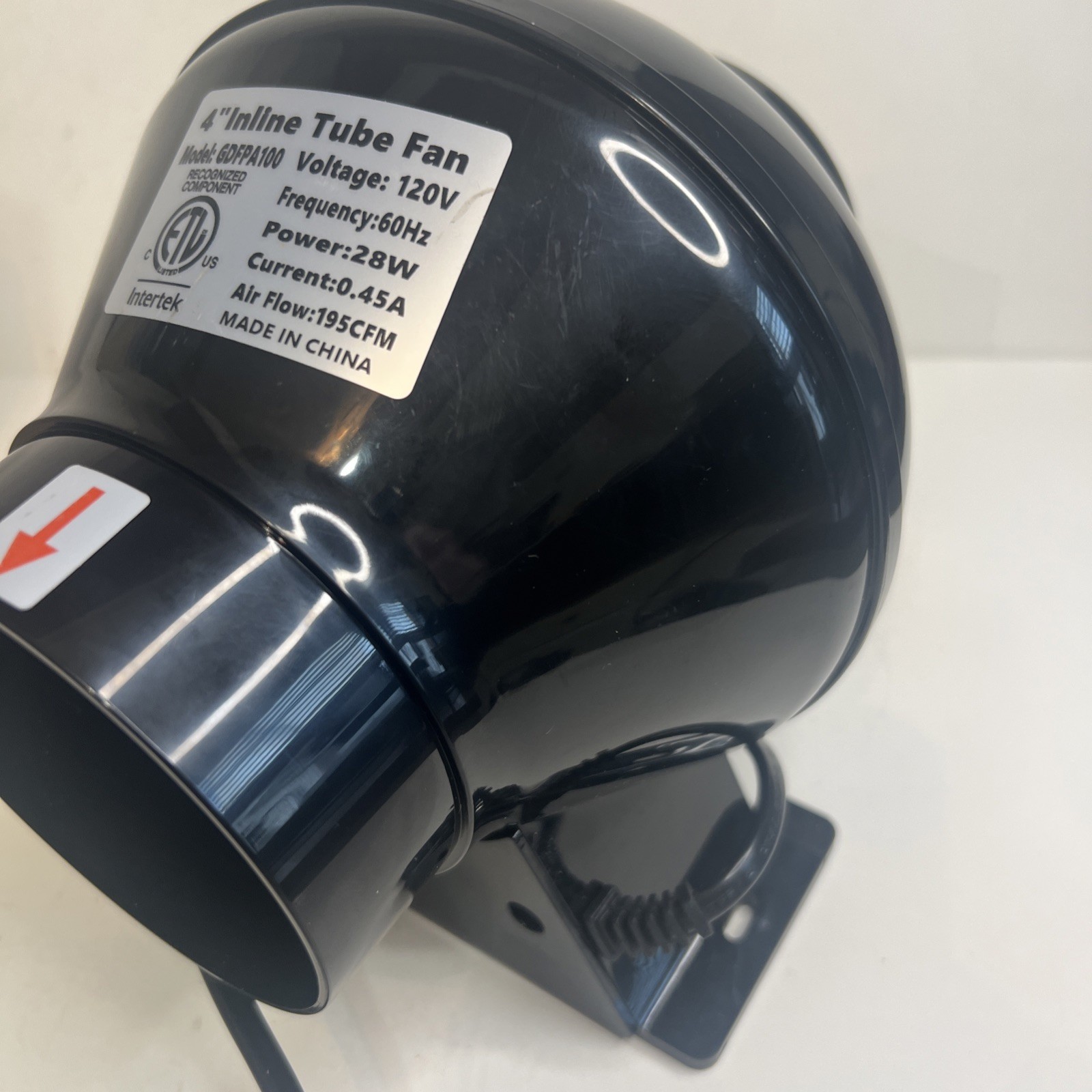 Intertek 4″ Inline Tube Fan 120v Speed 2500rpm Current 0.45A 60Hz Tested 28w