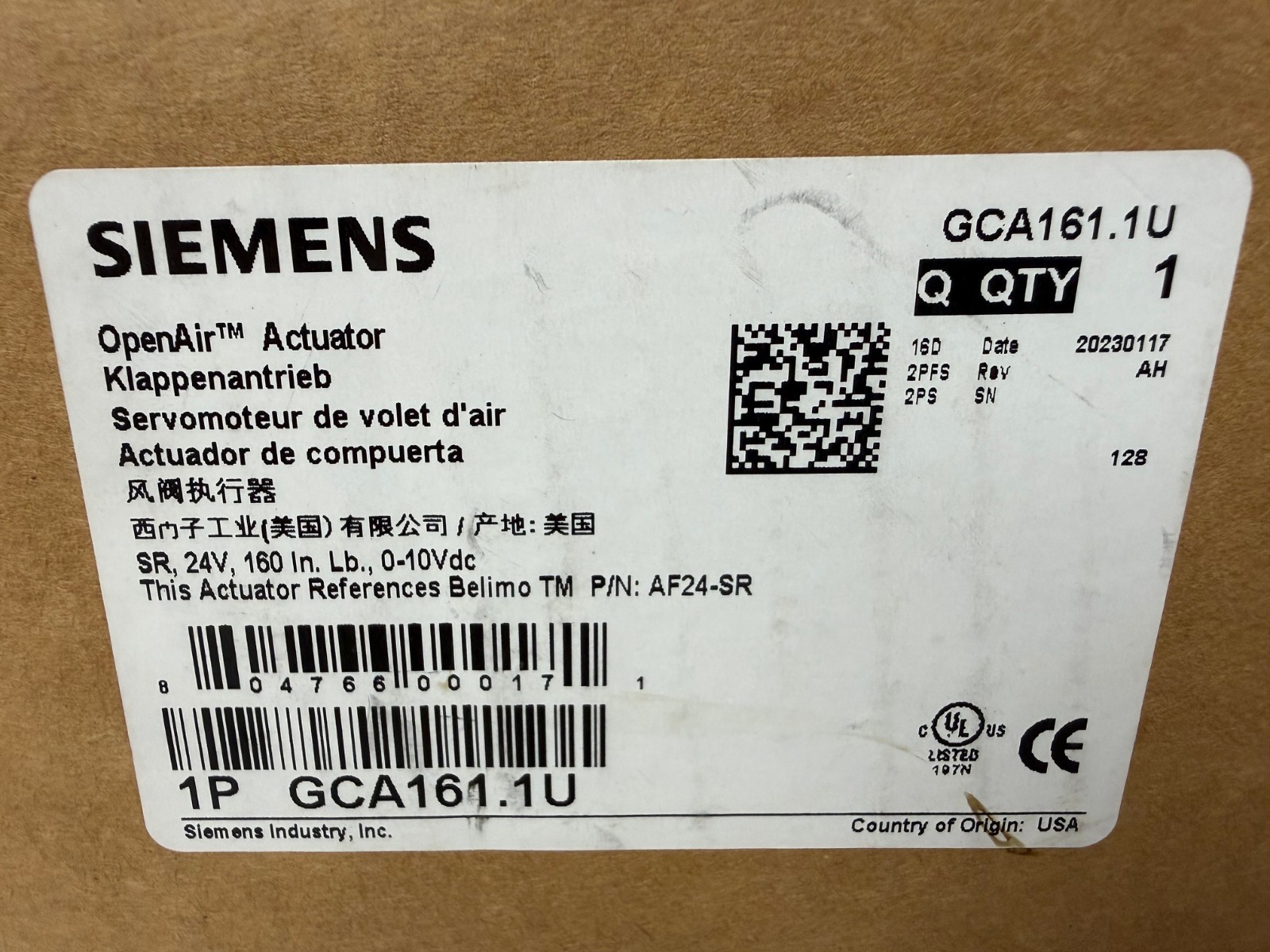 SIEMENS GCA161.1U OPENAIR ACTUATOR SR 24V 160IN LBS 0-10VDC NEW OPEN BOX
