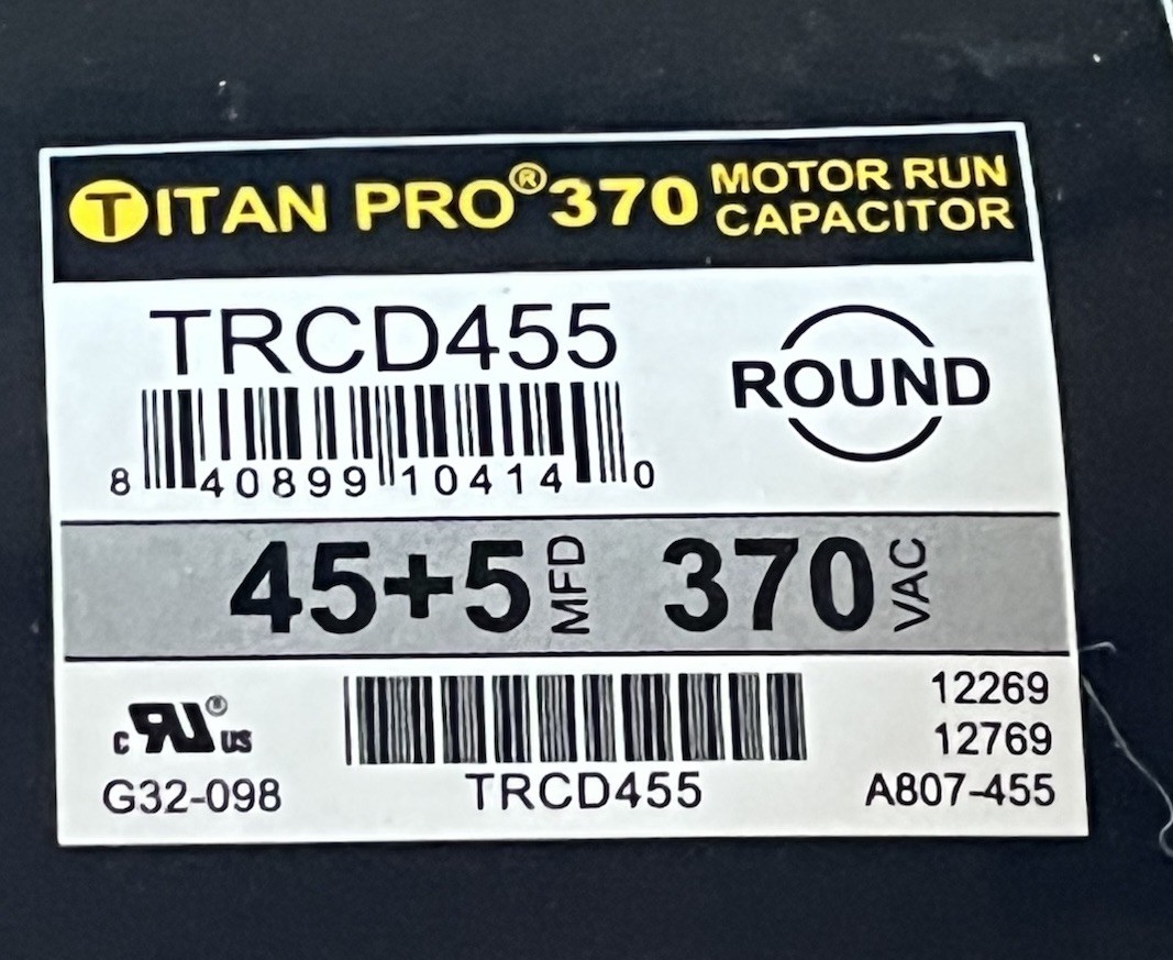 Titan Pro TRCD455 HVAC Round Dual Run Capacitor. 45+5 370 VAC A/C PACKARD