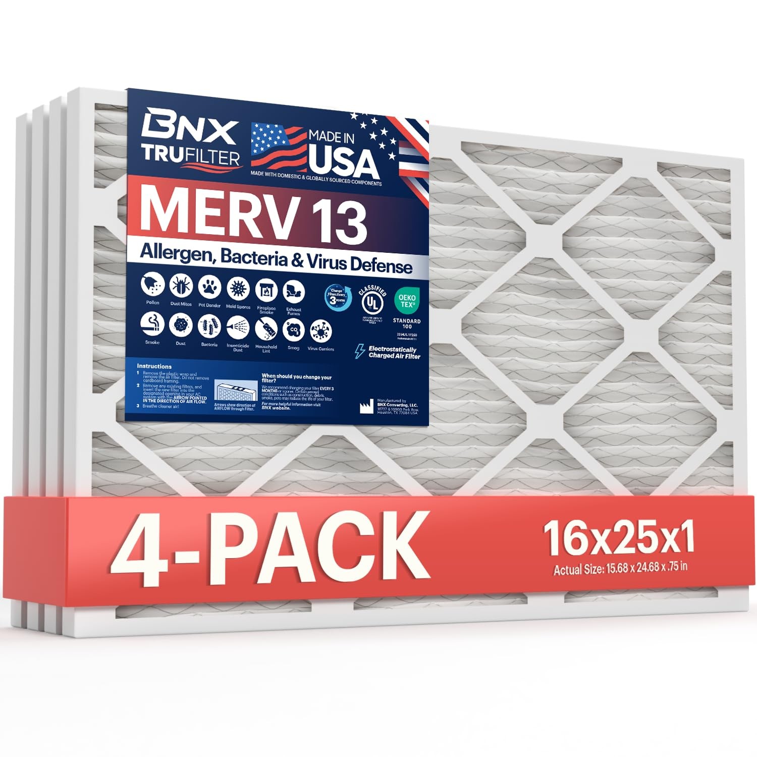 BNX TruFilter 16x25x1 Air Filter MERV 13 (4-Pack) – 4-Pack, 4-Pack