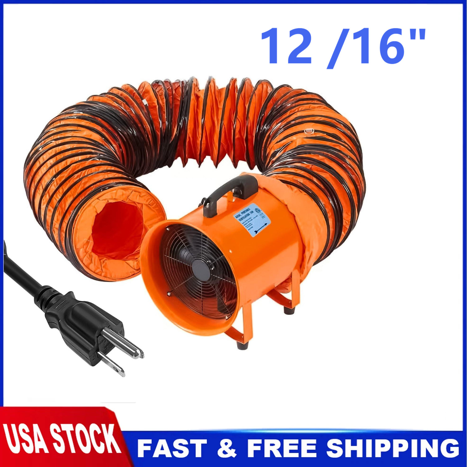 12″/16″ Utility Blower Fan Ventilator Exhaust Fan 16.4/32.8ft Duct Hose 3500 CFM